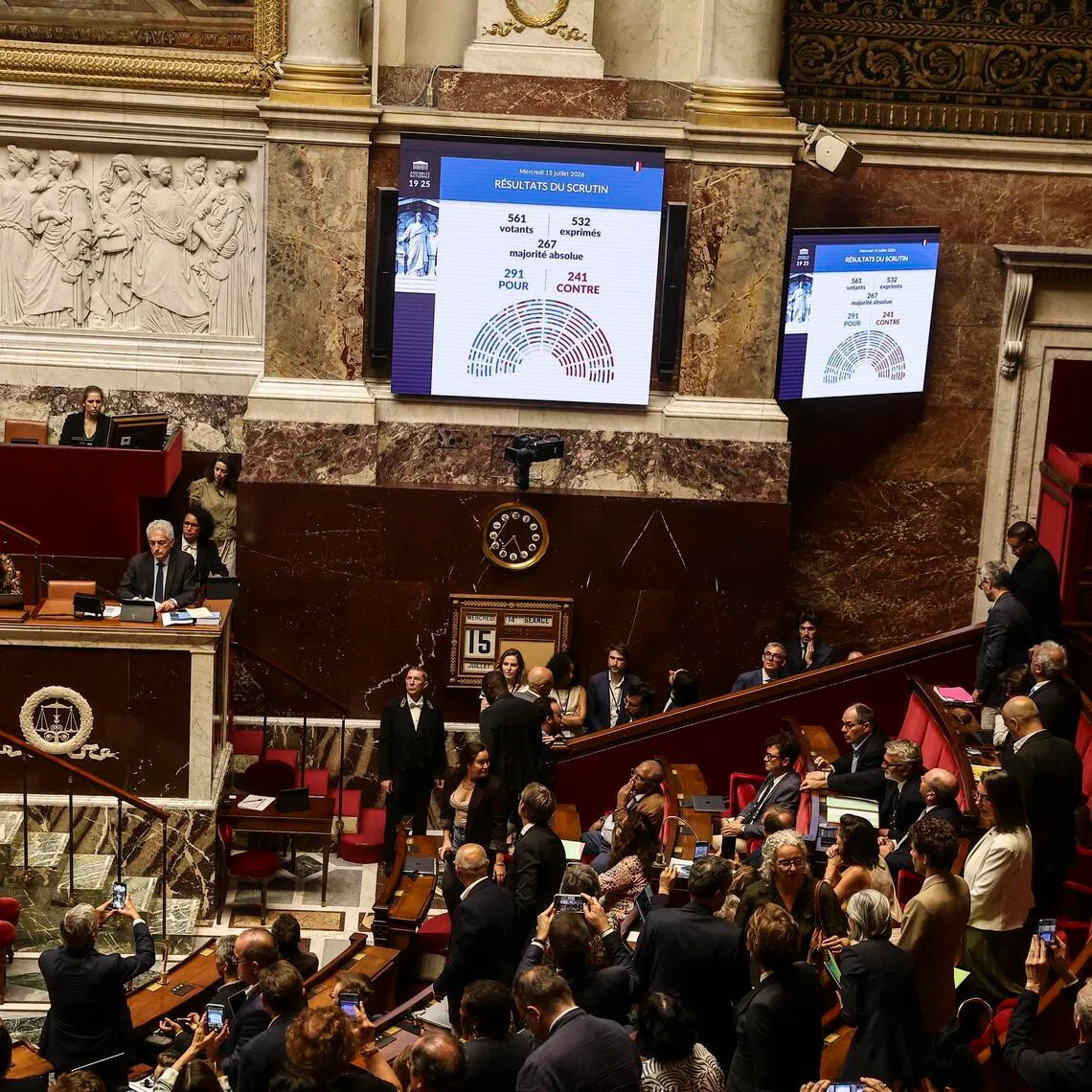 Screens displaying the results of the assisted dying vote on July 15 in France’s Nation Assembly: 291 in favour and 241 against.