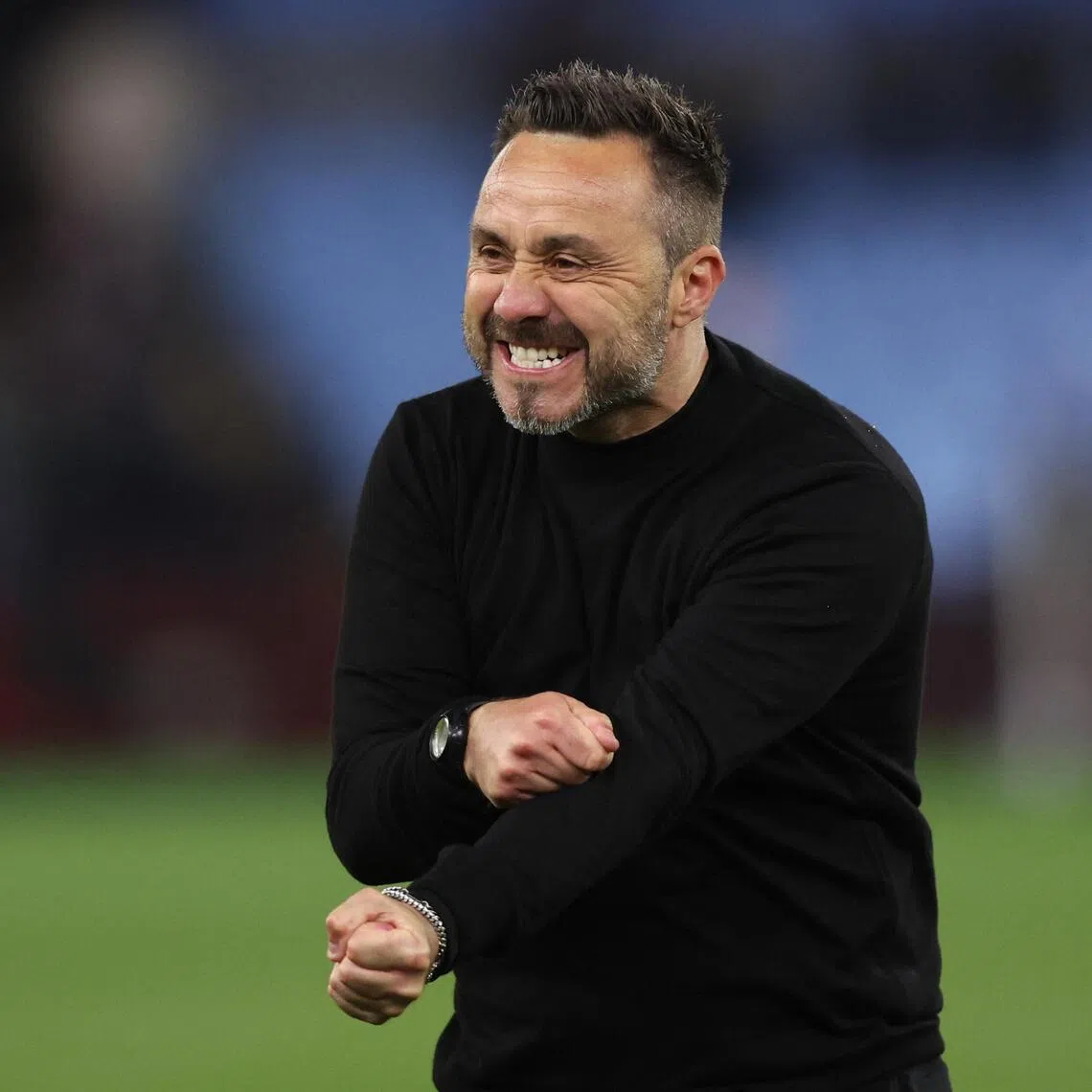 Tottenham Hotspur manager Roberto de Zerbi celebrating after the 2-1 English Premier League win at Aston Villa at Villa Park on May 3, 2026.