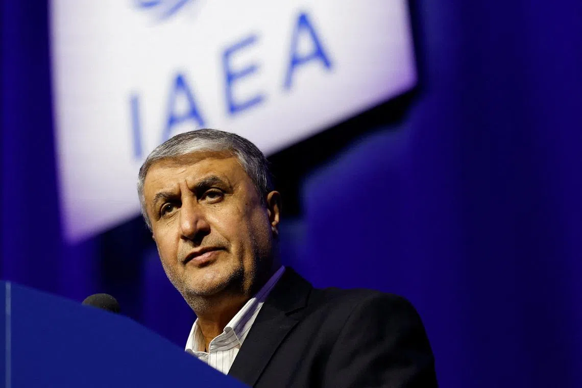 FILE PHOTO: Mohammad Eslami, head of the Atomic Energy Organization of Iran (AEOI), speaks at the opening of the International Atomic Energy Agency (IAEA) General Conference at the agency's headquarters in Vienna, Austria, September 15, 2025. REUTERS/Lisa Leutner/File Photo