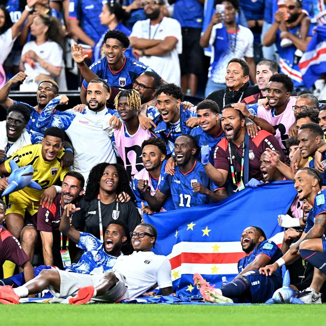 FILE PHOTO: Soccer Football - FIFA World Cup 2026 - Group H - Cape Verde v Saudi Arabia - Houston Stadium, Houston, Texas, U.S. - June 26, 2026 Cape Verde players celebrate after the match as they qualify for the knockout stages of the World Cup IMAGN IMAGES via Reuters/Maria Lysaker/File Photo