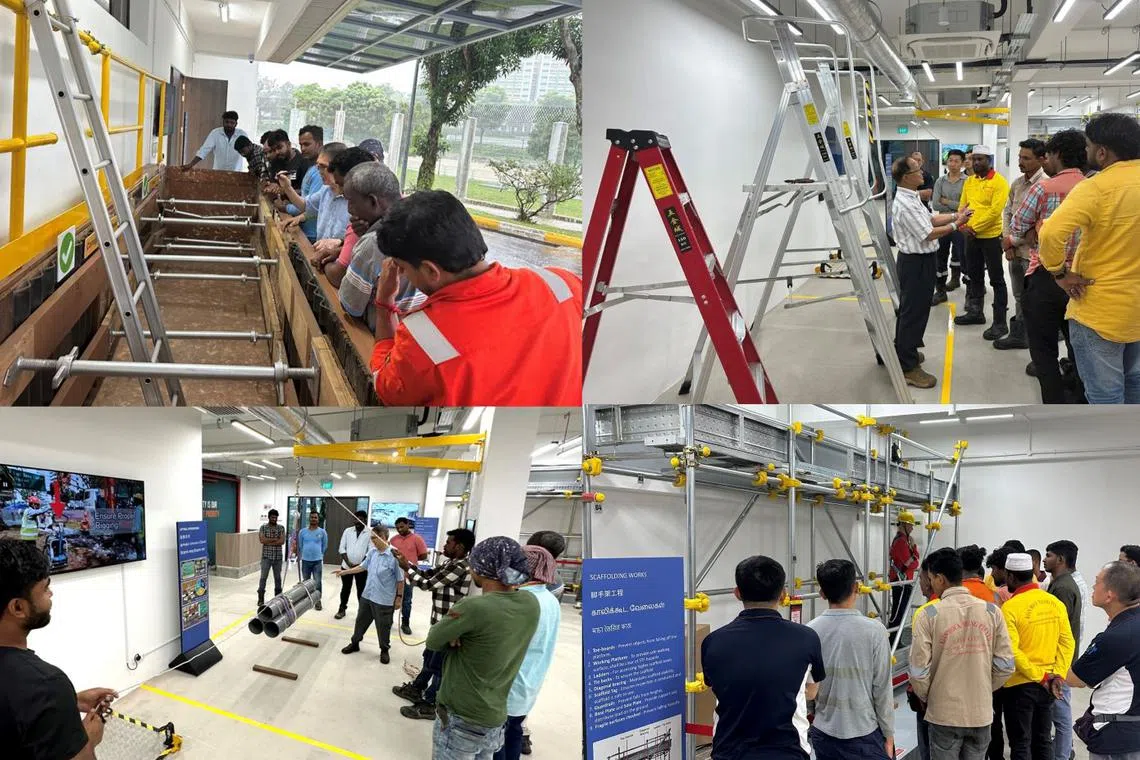 SP Group contractors doing hands-on safety training in trenching, lifting operations, ladder use and scaffolding at the Singapore Institute of Power and Gas