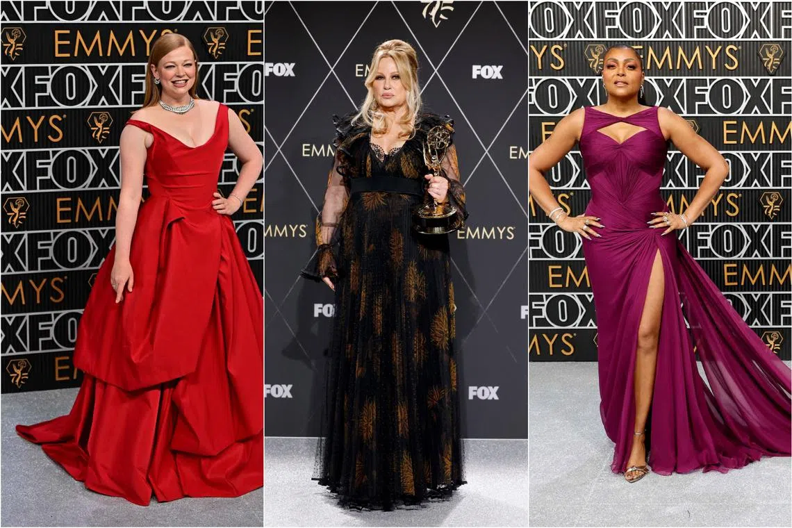 Here is a glimpse at the top looks on the Emmys red carpet featuring (from left) Sarah Snook, Jennifer Coolidge and Taraji P. Henson.