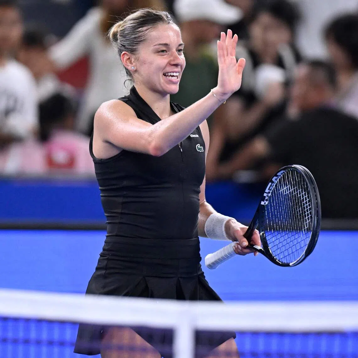 Maja Chwalinska celebrates after beating Iga Swiatek at the Wuhan Open semi-finals.