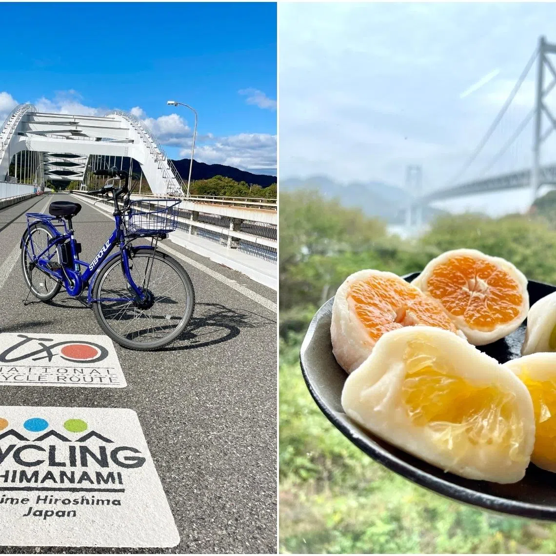 The Shimanami Kaido route takes riders across six majestic bridges over a 70km scenic journey. Do not miss confectionery shop Hassakuya's daifuku (right), a delicate rice cake wrapped around juicy oranges and citruses.