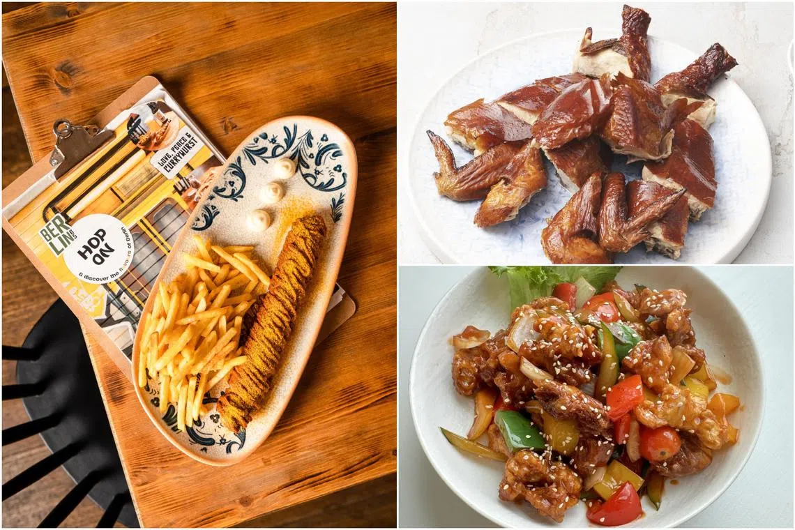(Clockwise from left) Currywurst from Berlin65, Signature Crispy Sakura Chicken from Chef Chan's Private Dine and Sweet & Sour Lion Mane Mushroom from iVegan.
