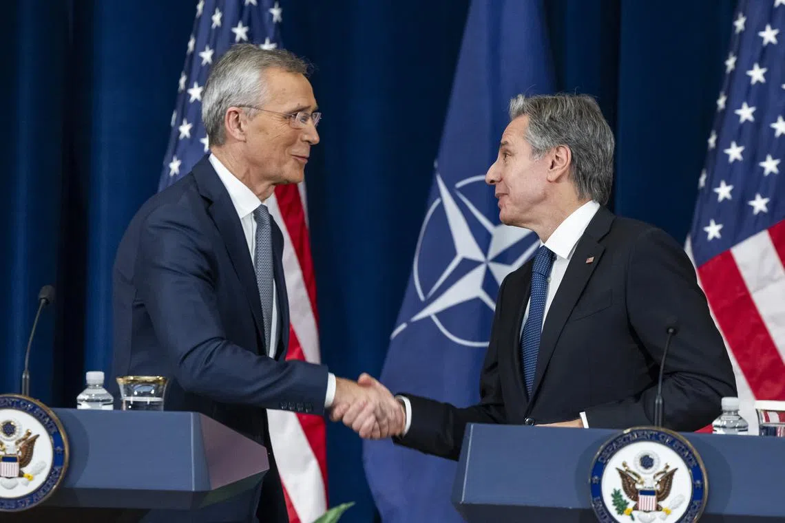 Nato Secretary-General Jens Stoltenberg (left) with US Secretary of State Antony Blinken during a joint news conference in Washington, on Jan 29.