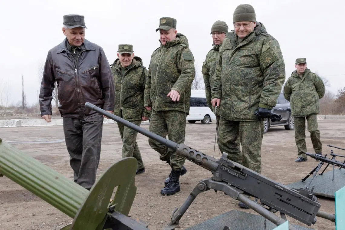 Russia's Defence Minister Sergei Shoigu inspects military equipment captured by Russian troops in the course of Russia-Ukraine conflict, at a Russian military command centre in a location given as Russian-controlled Ukraine, in this picture released February 24, 2024. Russian Defence Ministry/Handout via REUTERS/File Photo