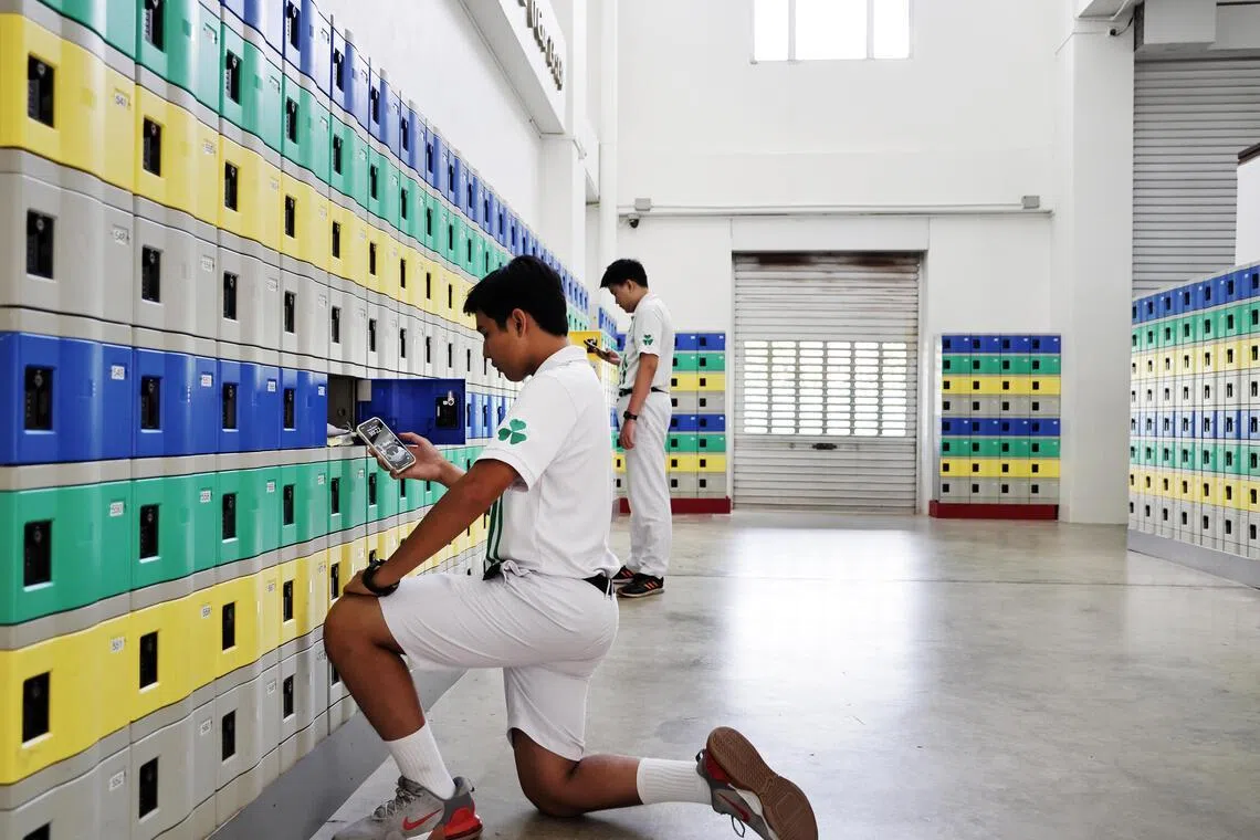 St Patrick’s school students have to keep their devices in their personal lockers during the entire school day, and only with permission granted can they use their devices near to the lockers