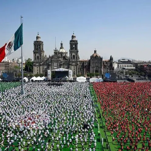 Mexicans participating in a football class at the Zocalo square in Mexico City on March 15, aimed at setting a new Guinness World Record.