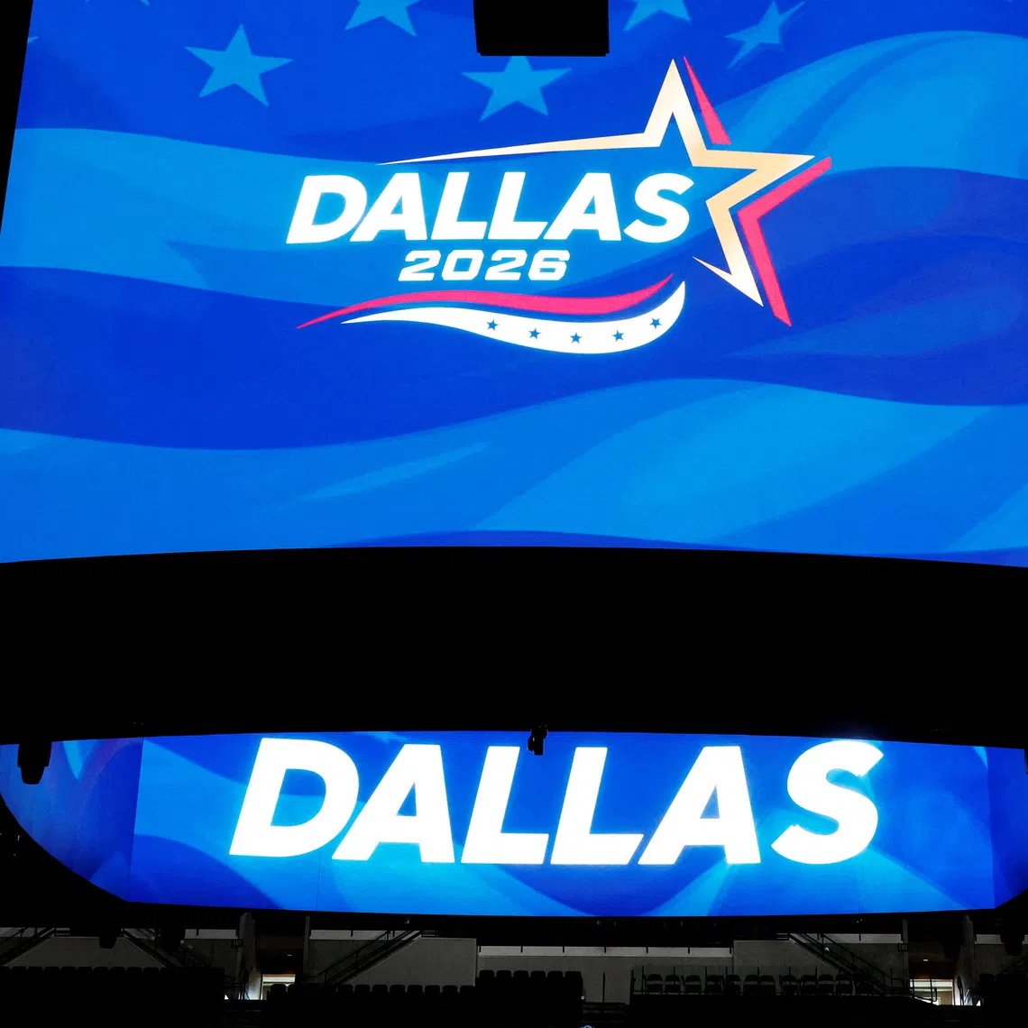 FILE PHOTO: The video board inside the American Airlines Center displays the logo for the upcoming Republican Midterm Convention during a media walkthrough in Dallas, Texas, U.S., August 5, 2026.   REUTERS/Brian Snyder/File Photo