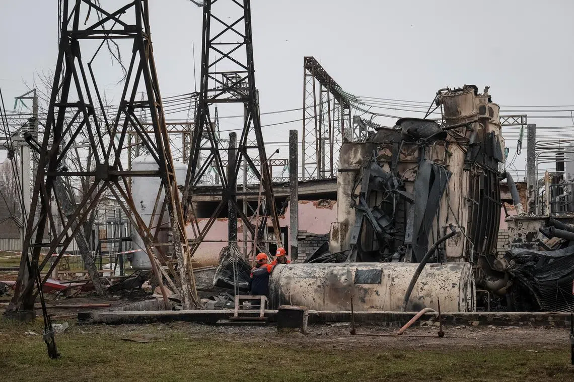 FILE PHOTO: A view shows a high-voltage substation of Ukrenergo damaged by a Russian military strike, amid Russia's attack on Ukraine, in an undisclosed location in central Ukraine November 10, 2022. REUTERS/Gleb Garanich/File Photo