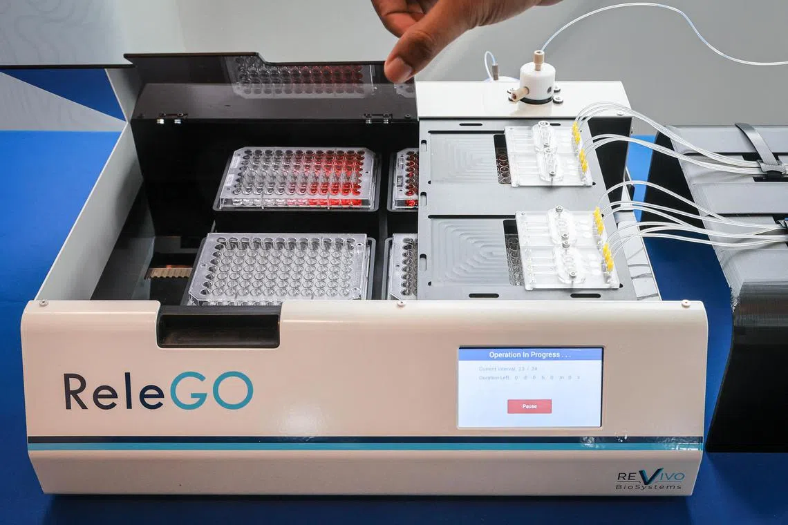 REVIVO BioSystems’ ReleGO, a 4D skin-testing platform, at a showcase event held at Star Vista, March 2, 2023.