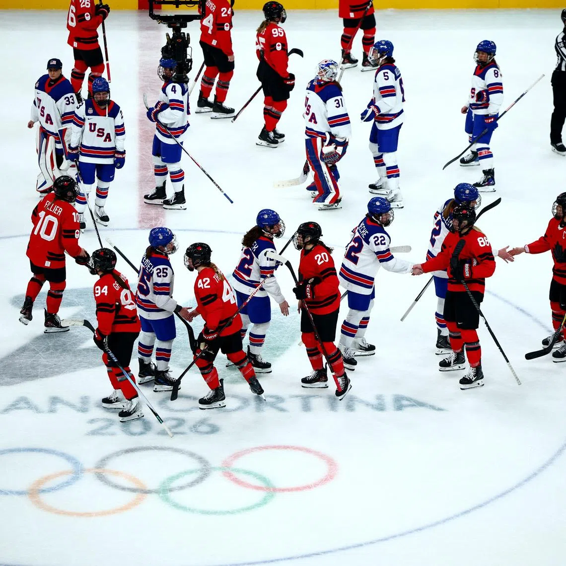 Milano Cortina 2026 Olympics - Ice Hockey - Women's Preliminary Round - Group A - Canada vs United States - Milano Santagiulia Ice Hockey Arena, Milan, Italy - February 10, 2026. General view as Canada and United States players shake hands after the match REUTERS/Guglielmo Mangiapane