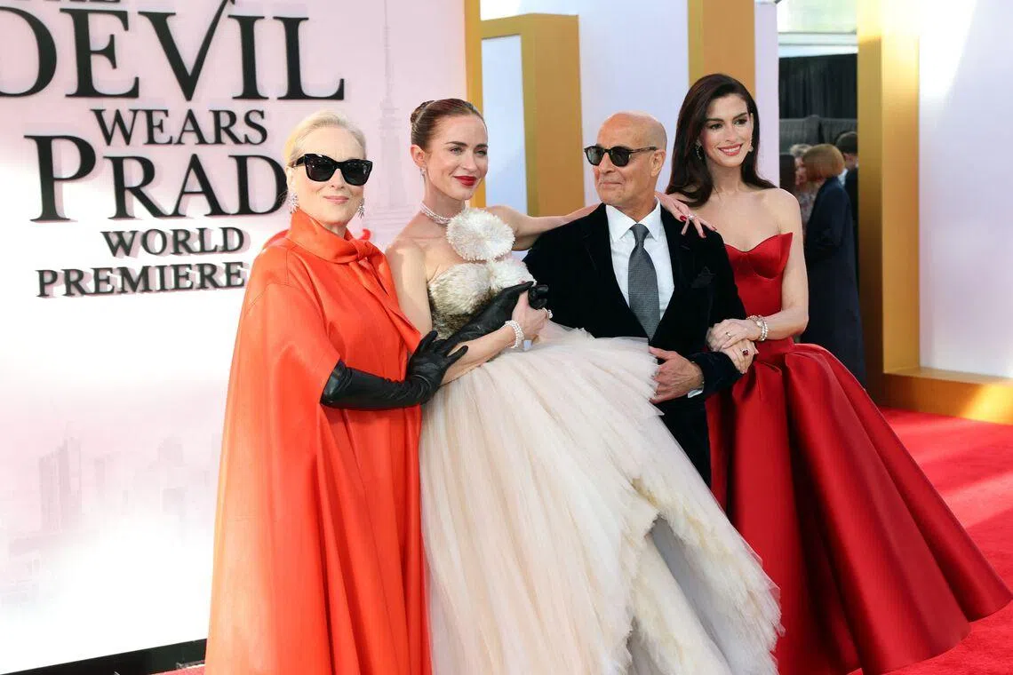 (From left) The Devil Wears Prada 2 stars Meryl Streep, Emily Blunt, Stanley Tucci and Anne Hathaway attend the movie's world premiere in New York City on April 20.