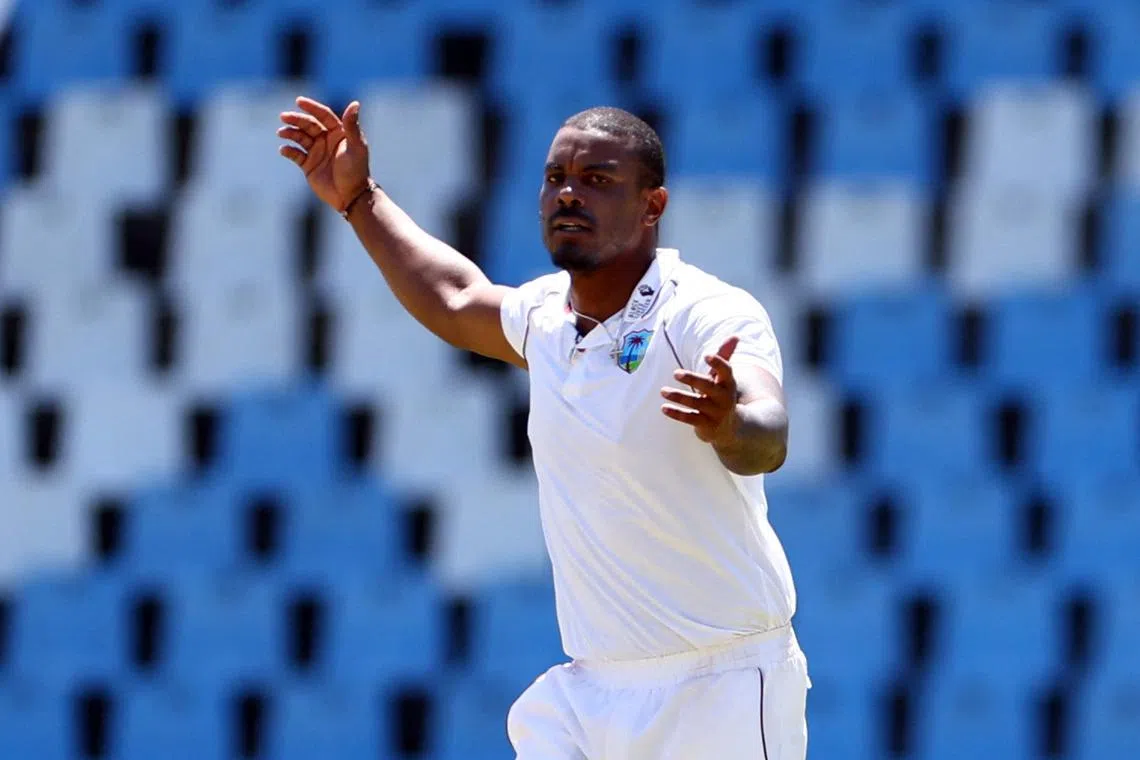 FILE PHOTO: Cricket - First Test - South Africa v West Indies - SuperSport Park Cricket Stadium, Centurion, South Africa - March 2, 2023 West Indies' Shannon Gabriel appeals successfully for the wicket of South Africa's Senuran Muthusamy REUTERS/Siphiwe Sibeko/File Photo