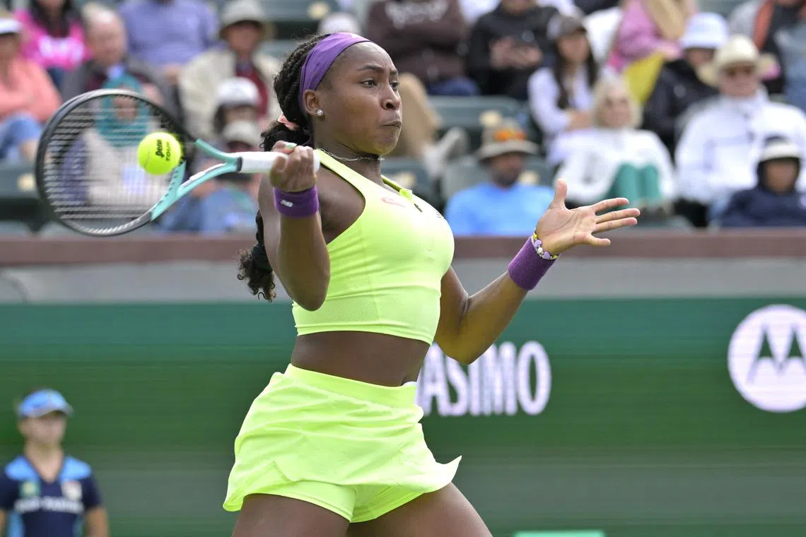 Mar 14, 2024; Indian Wells, CA, USA; Coco Gauff (USA) hits a shot in her quarterfinal match as she defeated Yue Yuan (CHN) in the BNP Paribas Open at the Indian Wells Tennis Garden. Mandatory Credit: Jayne Kamin-Oncea-USA TODAY Sports