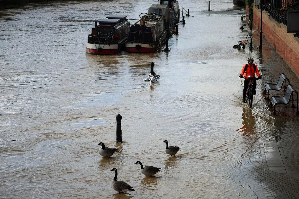 A man cycling through flood water on the banks of River Nene, in the aftermath of Storm Bert, in Northampton, Britain, Nov 25, 2024. 