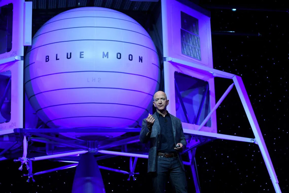 Amazon.com founder Jeff Bezos unveils his space company Blue Origin's space exploration lunar lander rocket called Blue Moon.