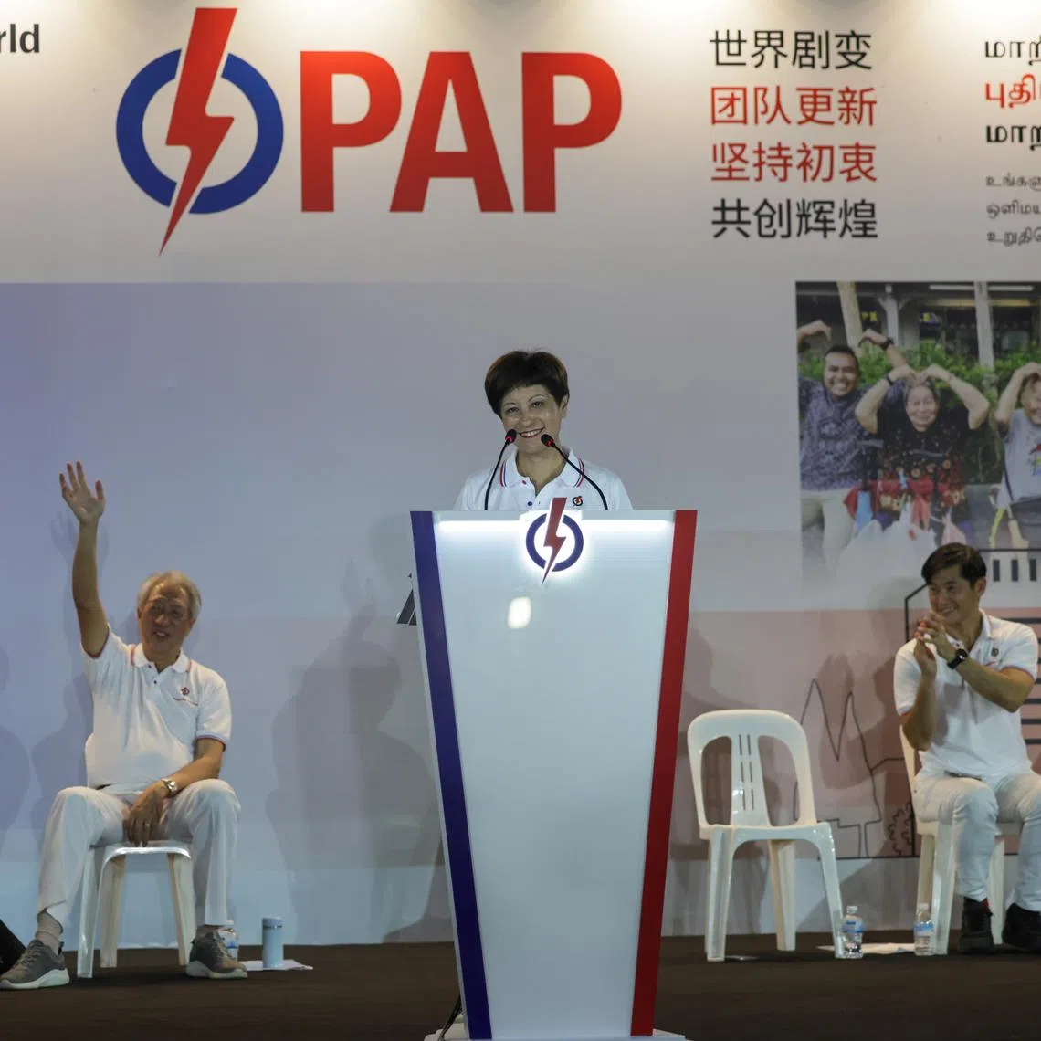 Minister in the Prime Minister’s Office Indranee Rajah speaking at the PAP’s rally for Pasir Ris-Changi GRC on April 28. Seated behind her are (from left) Minister in the Prime Minister’s Office Maliki Osman, Senior Minister Teo Chee Hean, Senior Minister of State in the Prime Minister’s Office Desmond Tan and Mr Sharael Taha.