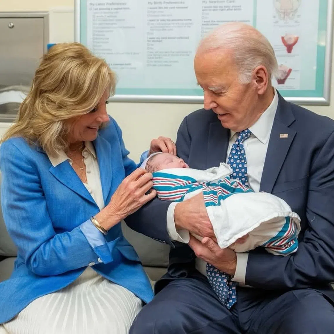 Mr Joe Biden held the boy, who was wrapped in a blue-striped blanket, while Mrs Biden tugged a hat over his dark hair.
