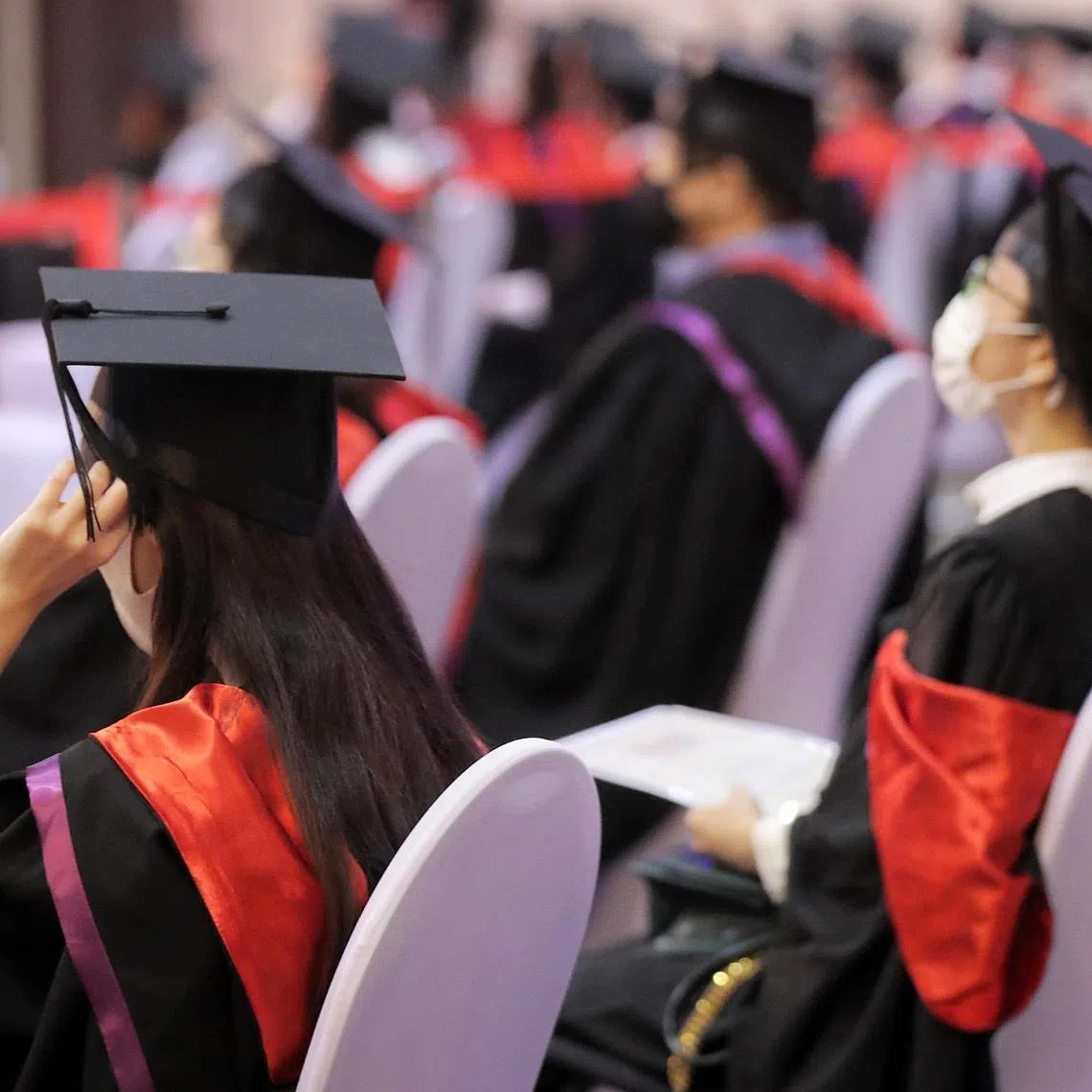 Singapore University of Social Sciences Convocation 2021, 7 Oct 2021.

Can be used for generic pictures of graduation, ceremony, university, college, study, convocation, graduate, SIM, scholarship, scholar, motar board, gown, academic.