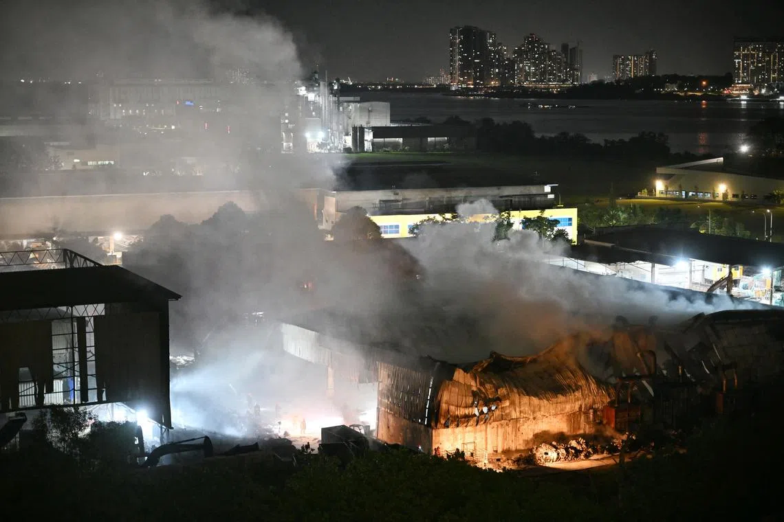 Firefighting by SCDF at a recycling plant in Kranji on Feb 19, 2025.
