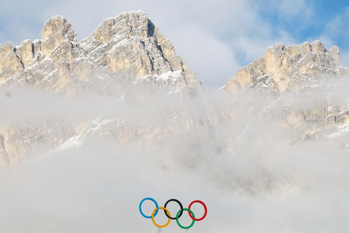 Milano Cortina 2026 Olympics - Curling - Cortina Curling Olympic Stadium, Cortina d'Ampezzo, Italy - February 3, 2026  General view as the Olympic rings are seen on top of the Cortina Curling Olympic Stadium REUTERS/Lisi Niesner