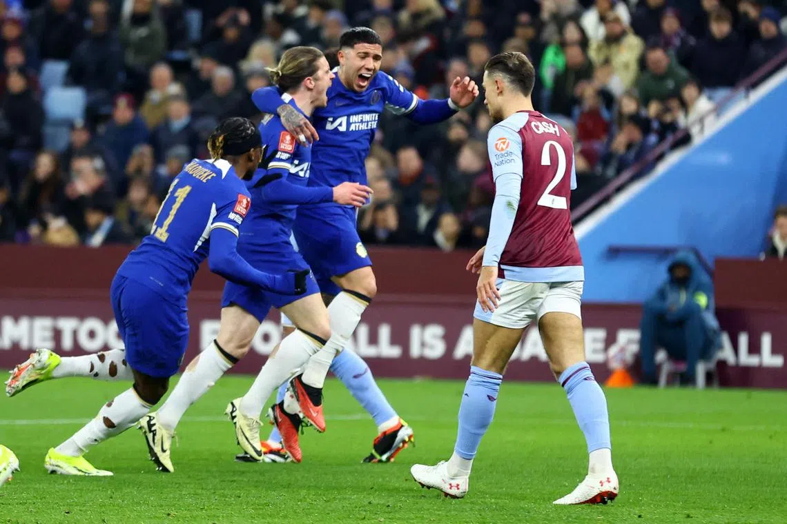 Chelsea's Conor Gallagher (second from left) celebrating with Enzo Fernandez and Noni Madueke after scoring their first goal against Aston Villa.