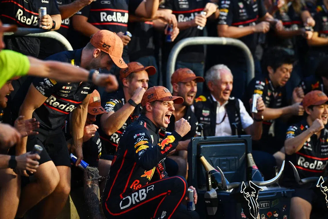 Max Verstappen celebrating with the Red Bull team after the Dutchman won the Formula One United States Grand Prix on Oct 19.