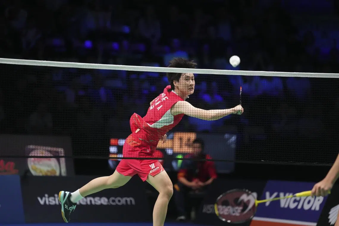 epa10932857 Chen Yu Fei of China in action against Carolina Marin of Spain during their women's single final at Victor Denmark Open in Jyske Bank Arena in Odense, Denmark, 22 October 2023.  EPA-EFE/Claus Fisker DENMARK OUT