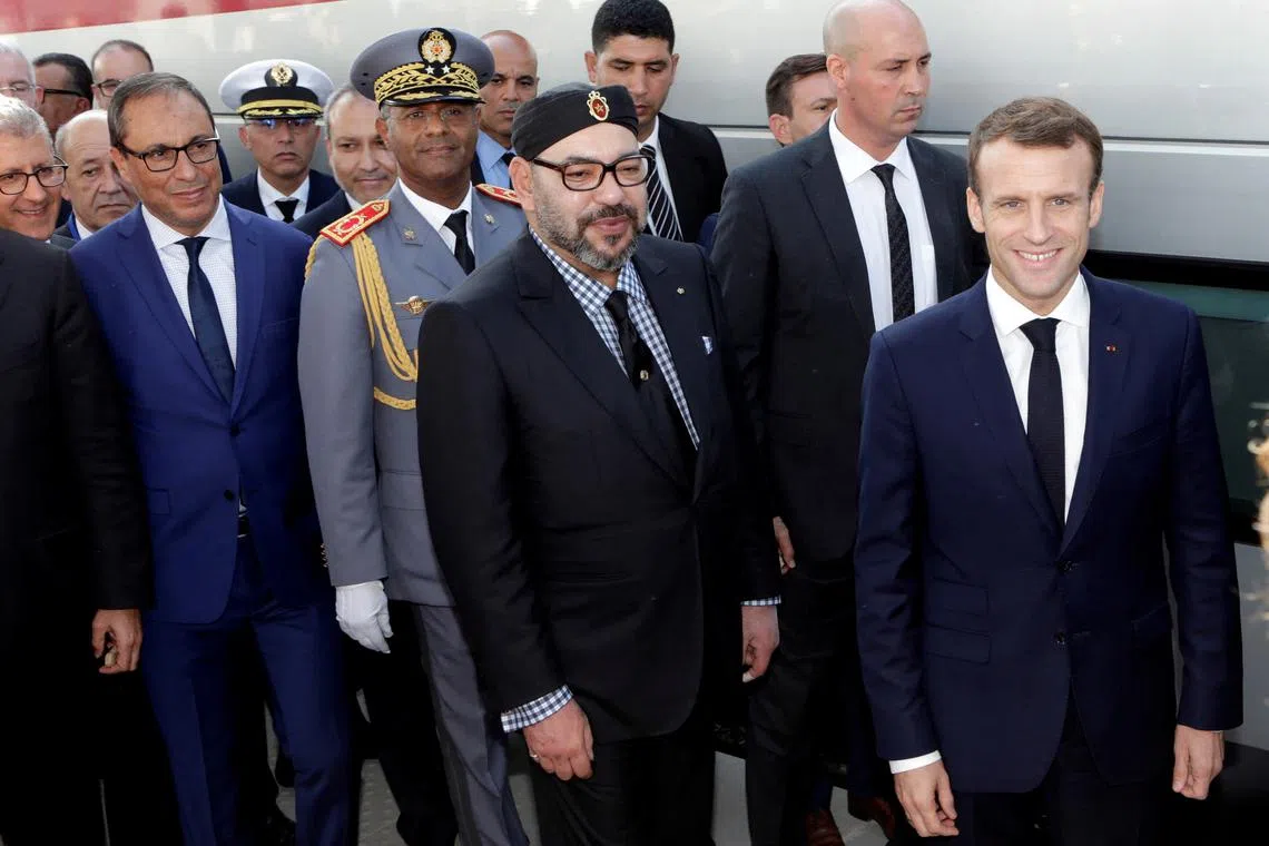 FILE PHOTO: French President Emmanuel Macron and Moroccan King Mohammed VI attend the launch ceremony of the first High Speed Train to operate in Africa, in Tangier, Morocco November 15, 2018. REUTERS/Youssef Boudlal/File Photo