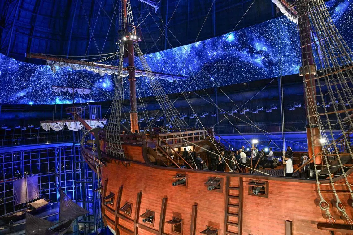 Visitors at the Galeon Espiritu Santo, a full-scale representation of a 17th century galleon, on display at the Museo del Galeon in Manila, on April 23, 2026.