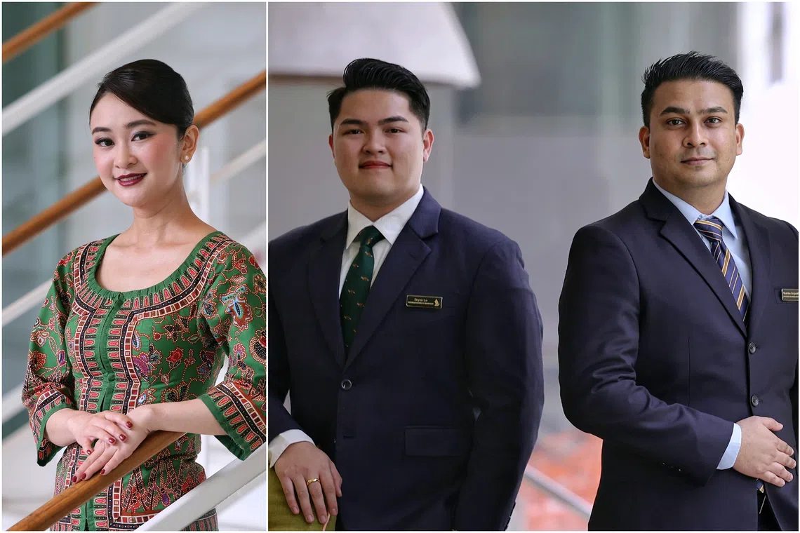 (From left) SIA leading stewardess Libby Lim, premium services manager Bryan Lo and passenger relations officer Shahfiee Sirajuddin were among 86 individuals and teams recognised at the annual SIA CEO Service Excellence Awards ceremony.