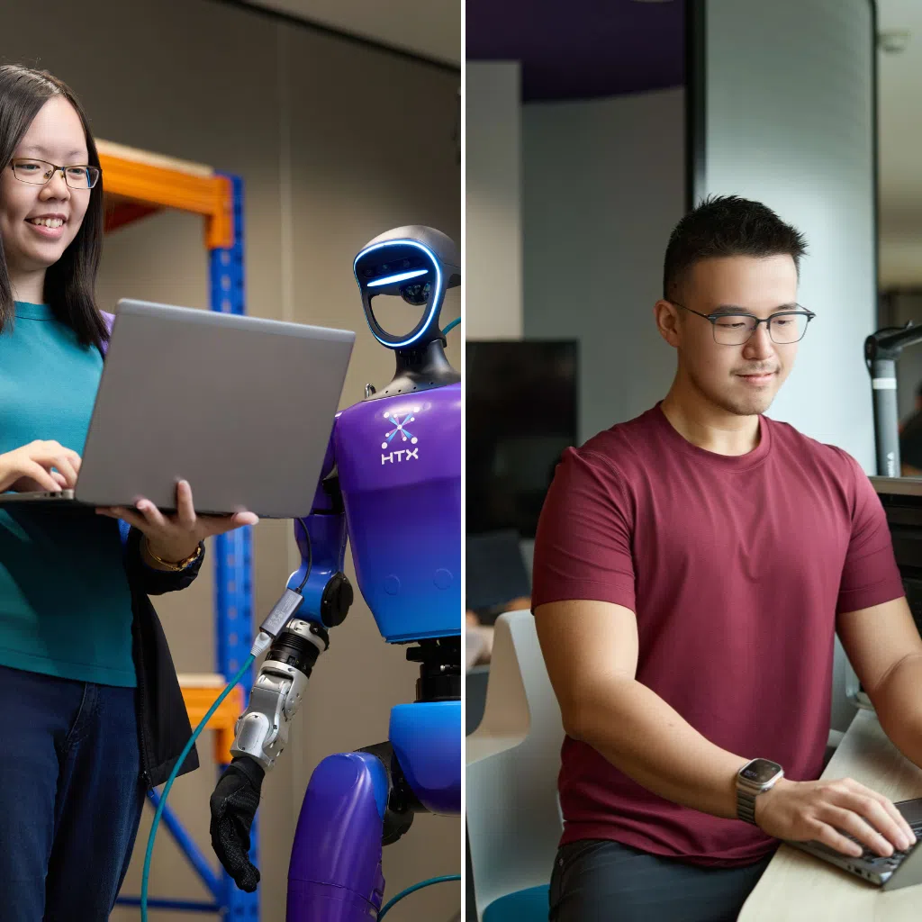 (from left) aw rui huan and clarence teo two young officers in stem jobs thriving in the supportive culture of learning experimentation and public service at home team science and technology agency, one of singapore's best employers 2026