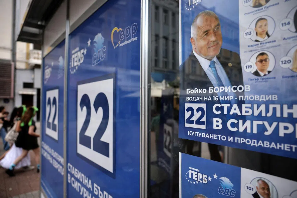 FILE PHOTO: An election poster of Boyko Borissov, former Bulgarian Prime Minister and leader of the centre-right GERB party is seen in Plovdiv, Bulgaria, June 2, 2024. REUTERS/Stoyan Nenov/File Photo