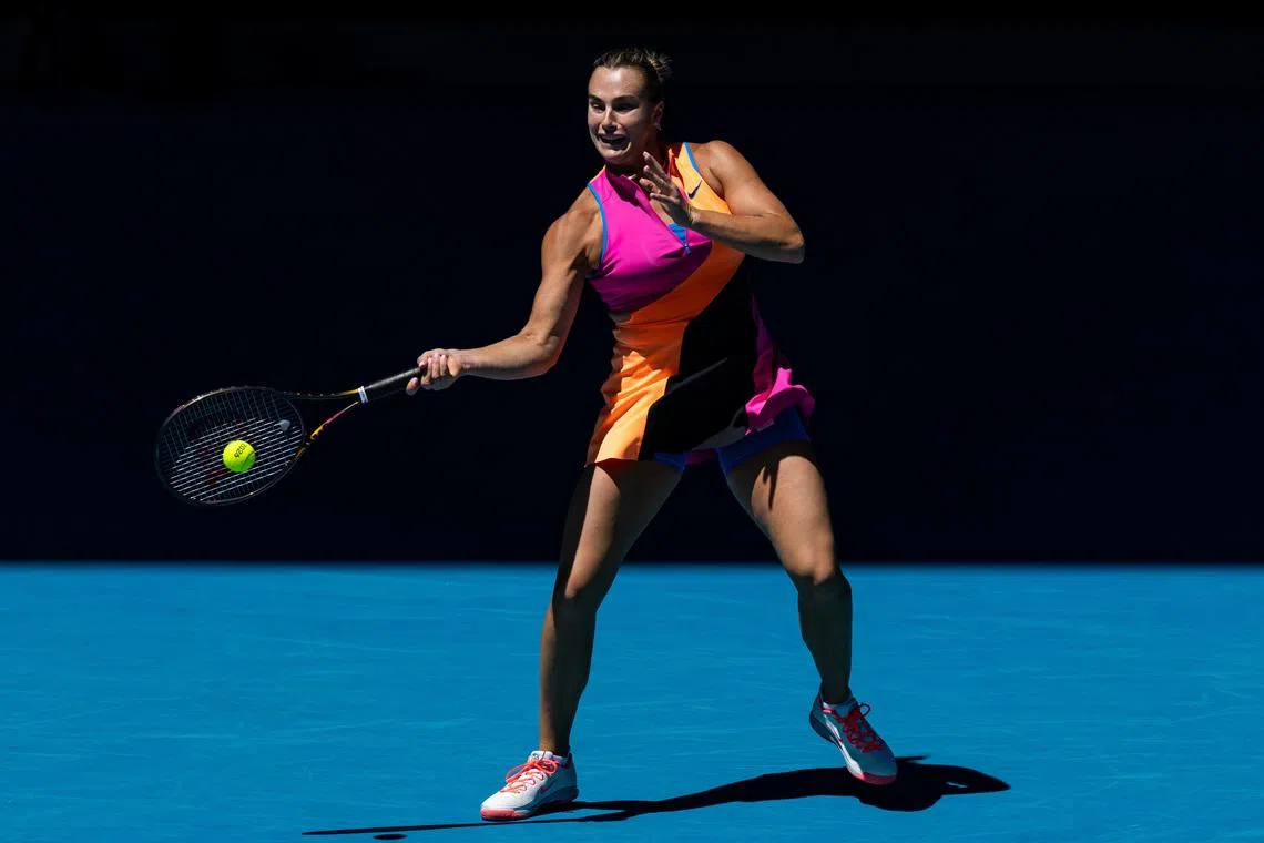 Jan 23, 2026; Melbourne, Victoria, Australia; Aryna Sabalenka in action against Anastasia Potapova of Austria in the third round of the women’s singles at the Australian Open at Rod Laver Arena in Melbourne Park. Mandatory Credit: Mike Frey-Imagn Images