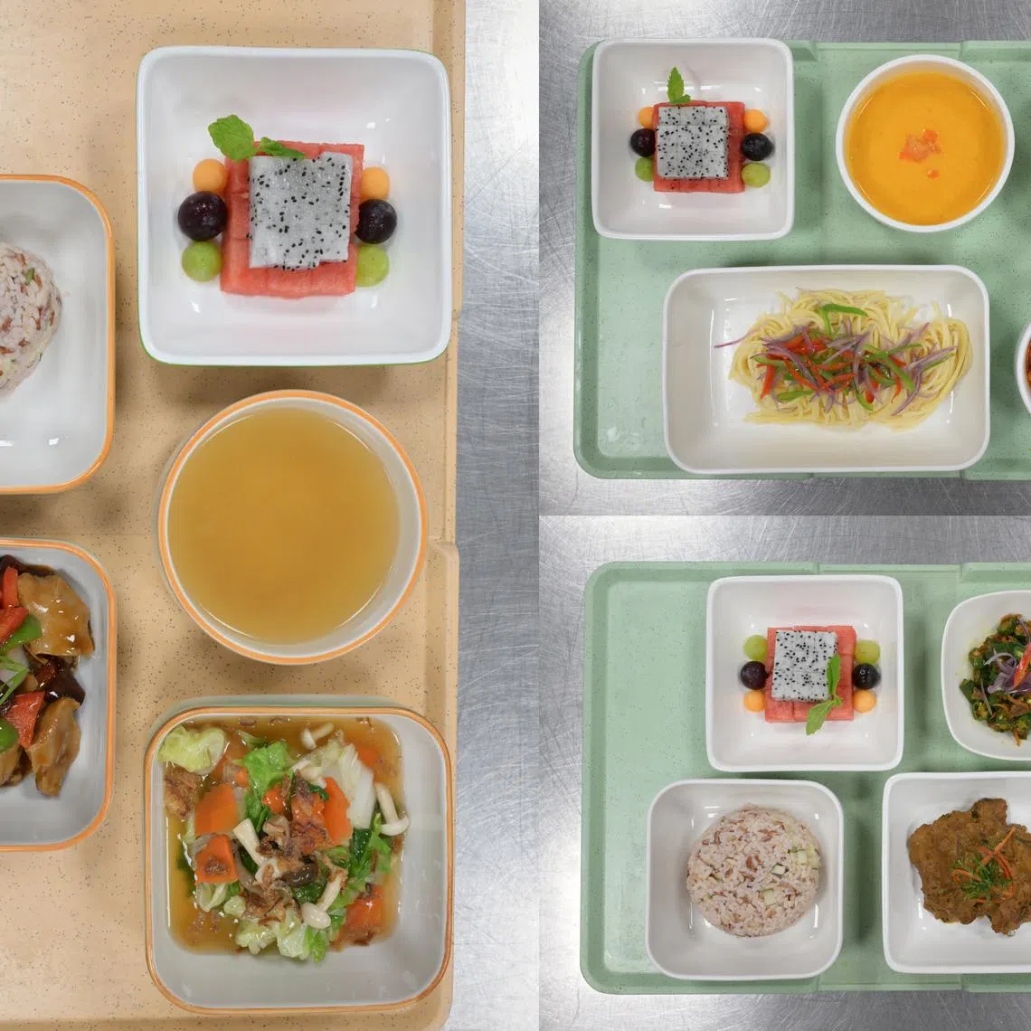 Alexandra Hospital has started offering plant-based options such as (clockwise from left) kung pao chicken, spaghetti bolognese and rendang on their inpatient menu since August 2023.