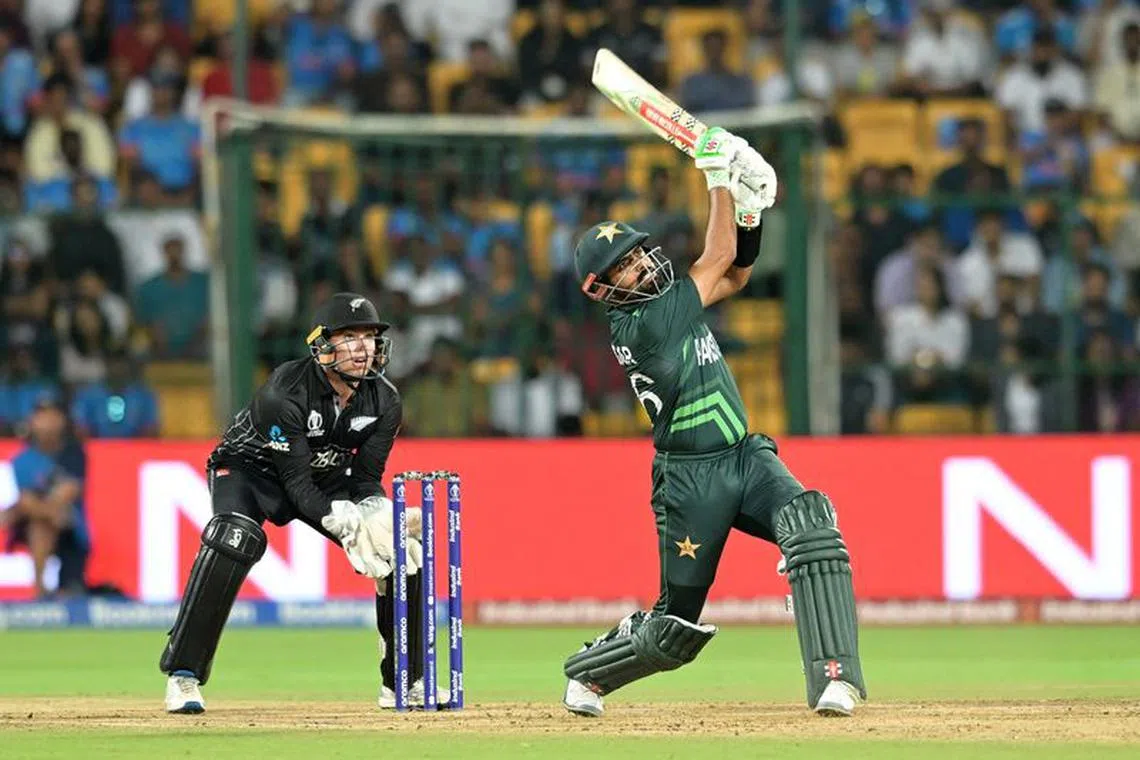 Cricket - ICC Cricket World Cup 2023 - New Zealand v Pakistan - M. Chinnaswamy Stadium, Bengaluru, India - November 4, 2023 Pakistan's Babar Azam in action as he hits six runs REUTERS/Samuel Rajkumar/File Photo