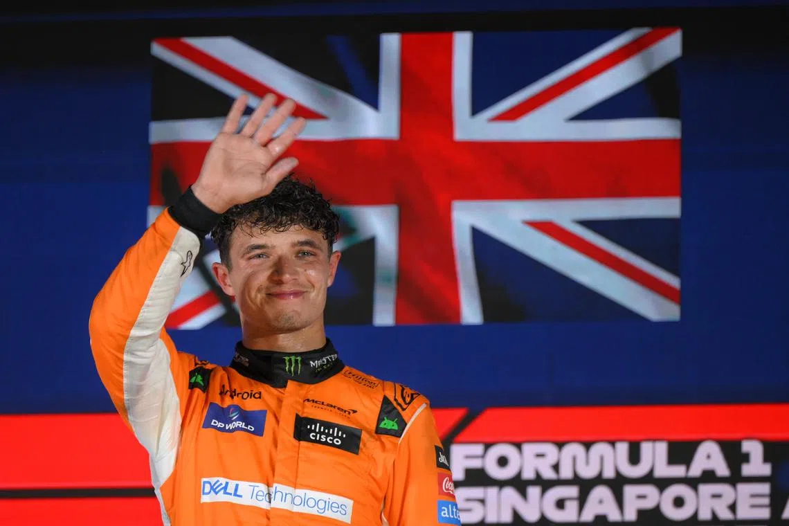 McLaren driver Lando Norris after winning the Formula One Singapore Airlines Singapore Grand Prix at the Marina Bay street circuit.