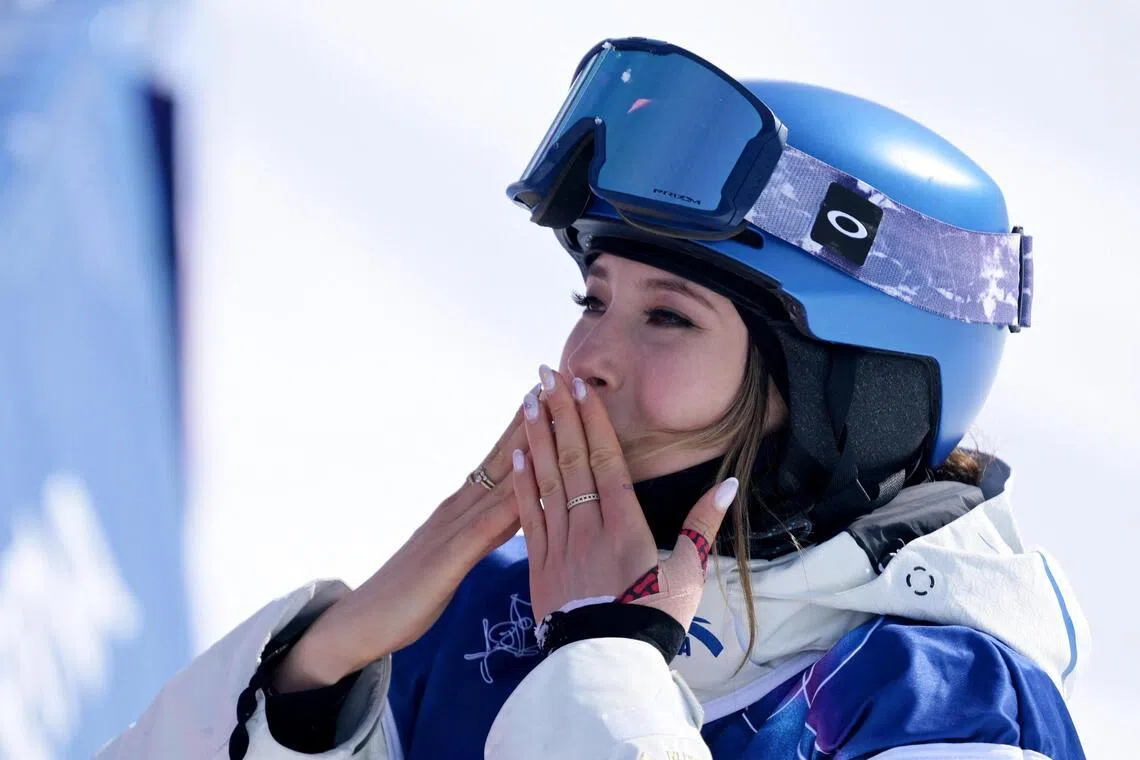 Gold medallist Eileen Gu of China celebrating after winning the 2026 Milano-Cortina Winter Olympics women's freeski halfpipe final at Livigno Snow Park on Feb 22, 2026.

