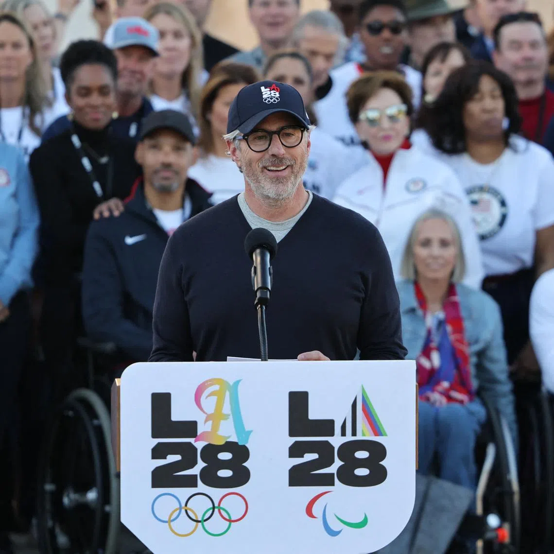 Los Angeles 2028 Olympics chairperson and president Casey Wasserman speaking during a press conference at the LA Coliseum in January.