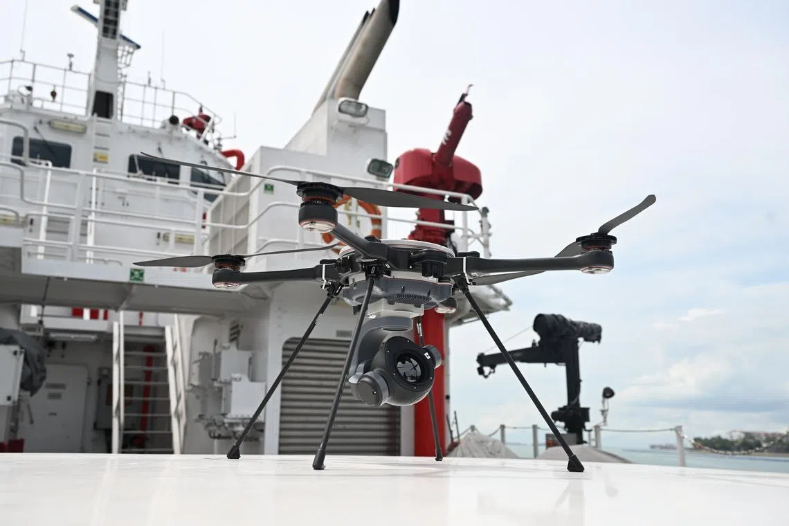 The Skyranger drone on board a heavy fire vessel at the new SCDF Marine Division Headquarters.