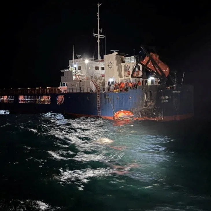 A view shows a vessel that was hit by a drone in the Black Sea, in this handout image released by the Bulgarian Interior Ministry on October 13, 2026. Bulgarian Interior Ministry/Handout via REUTERS