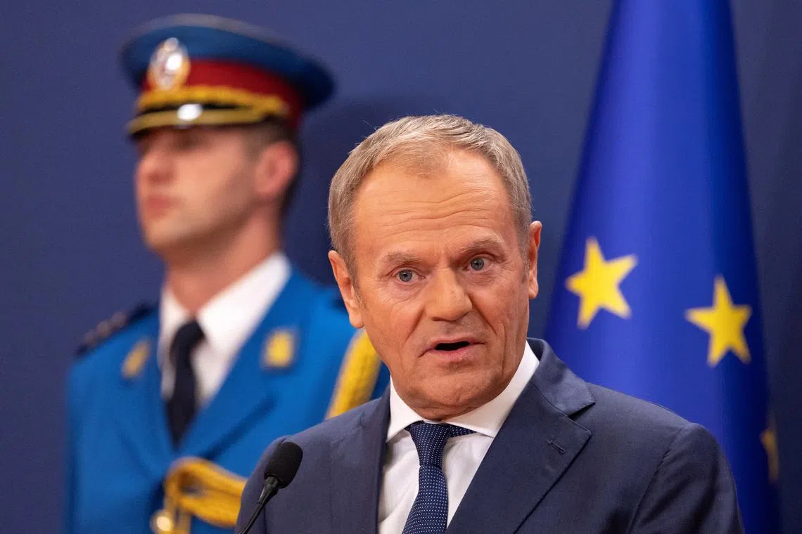 FILE PHOTO: Poland's Prime Minister Donald Tusk attends a media conference with Serbia's President Aleksandar Vucic in Belgrade, Serbia, October 24, 2024. REUTERS/Marko Djurica/File Photo