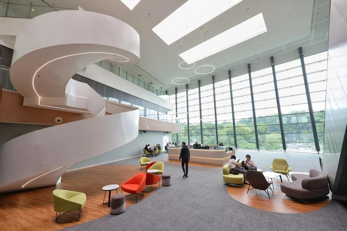 The Sky Lobby of Hotel West, a fully-functional 14-room training hotel that has served as a training facility for 13 years, at ITE College West on Nov 19, 2024. It has recently been refurbished to allow the School of Hospitality to accommodate the increase in classes with implementation of 3-year Higher Nitec courses. The hotel now boasts a brighter look which takes advantage of natural light to open up the spaces. Sustainability features and smart technology are also incorporated in the various facilities.