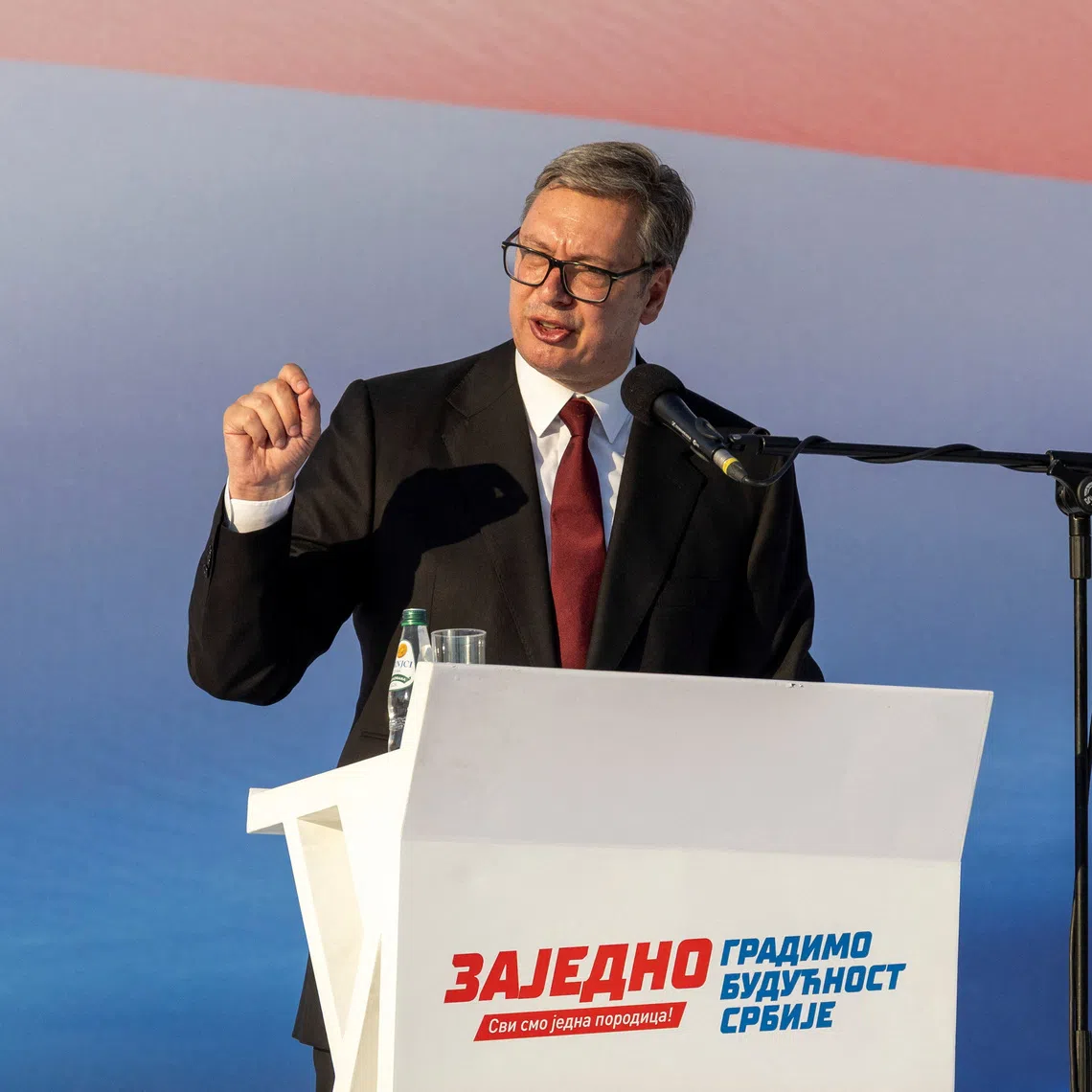 Serbian President Aleksandar Vucic speaks during a major rally organised by Serbia's ruling Serbian Progressive Party (SNS) in Belgrade, Serbia, June 27, 2026. REUTERS/Djordje Kojadinovic