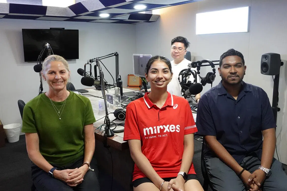 (From left) Singapore netball head coach Annette Bishop and national Goal shooter Amandeep Kaur Chahal in ST's podcast studio with producer Eden Soh and sports reporter Deepanraj Ganesan.
