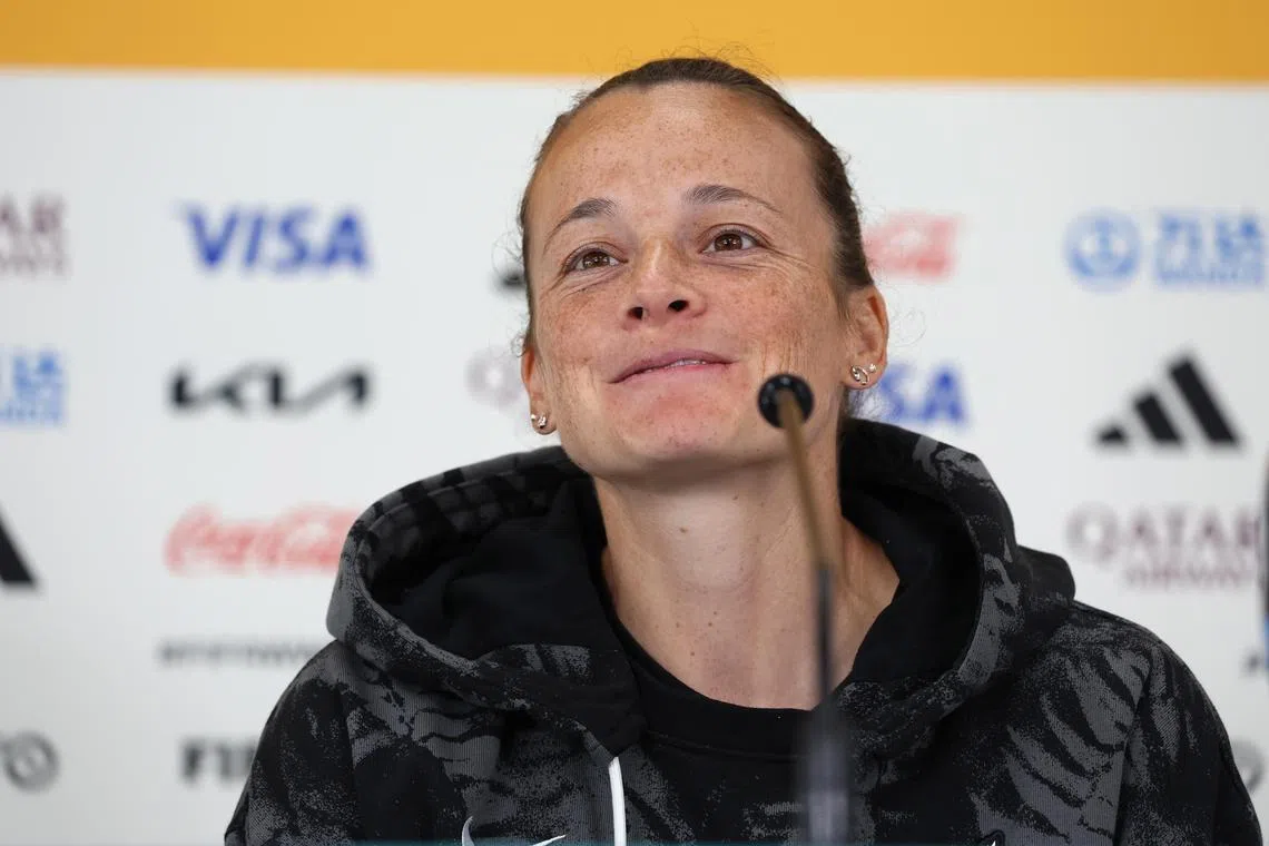 New Zealand player Ria Percival speaking to reporters during a press conference ahead of the Women's World Cup in Auckland, New Zealand, on Wednesday. They face Norway on Thursday. Australia and New Zealand will co-host the July 20-August 20 World Cup.