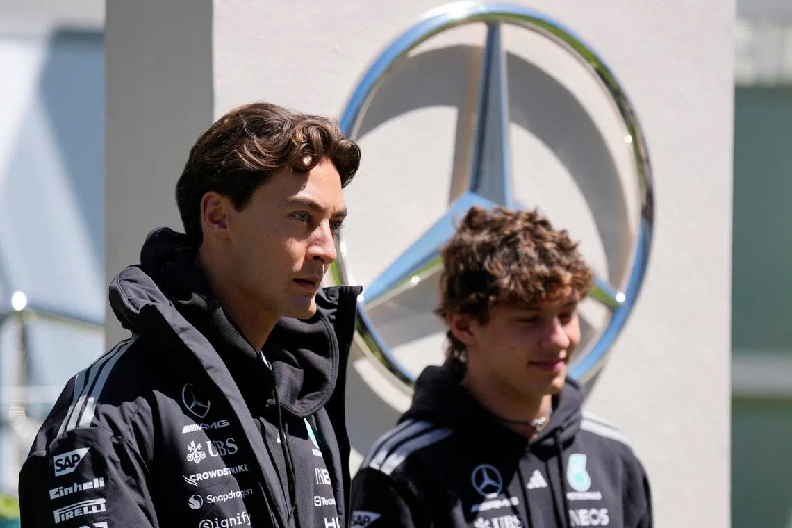 Formula One F1 - Canadian Grand Prix -  Circuit Gilles Villeneuve, Montreal, Quebec, Canada - May 21, 2026 Mercedes' George Russell and Mercedes' Andrea Kimi Antonelli ahead of the Canadian Grand Prix REUTERS/Mathieu Belanger