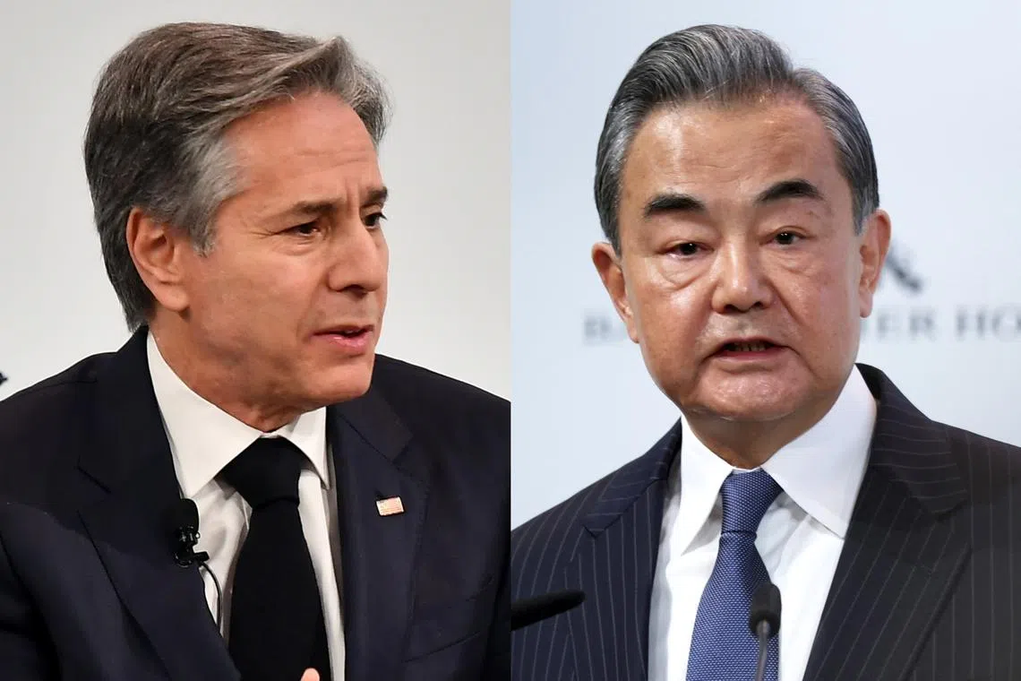 US Secretary of State Antony Blinken (left) met his Chinese counterpart, Mr Wang Yi, on the sidelines of the Munich Security Conference.